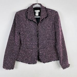 Dressbarn Size 10 Pink Black Tweed Fringe Trim Blazer Jacket Career Work Event